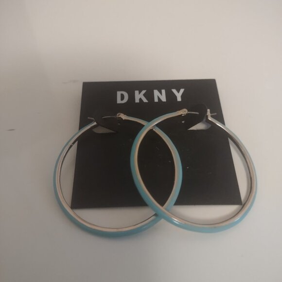 Vintage DKNY Turquoise & Gold Tone Large Hoop Earrings - MSRP $38 - Picture 6 of 7